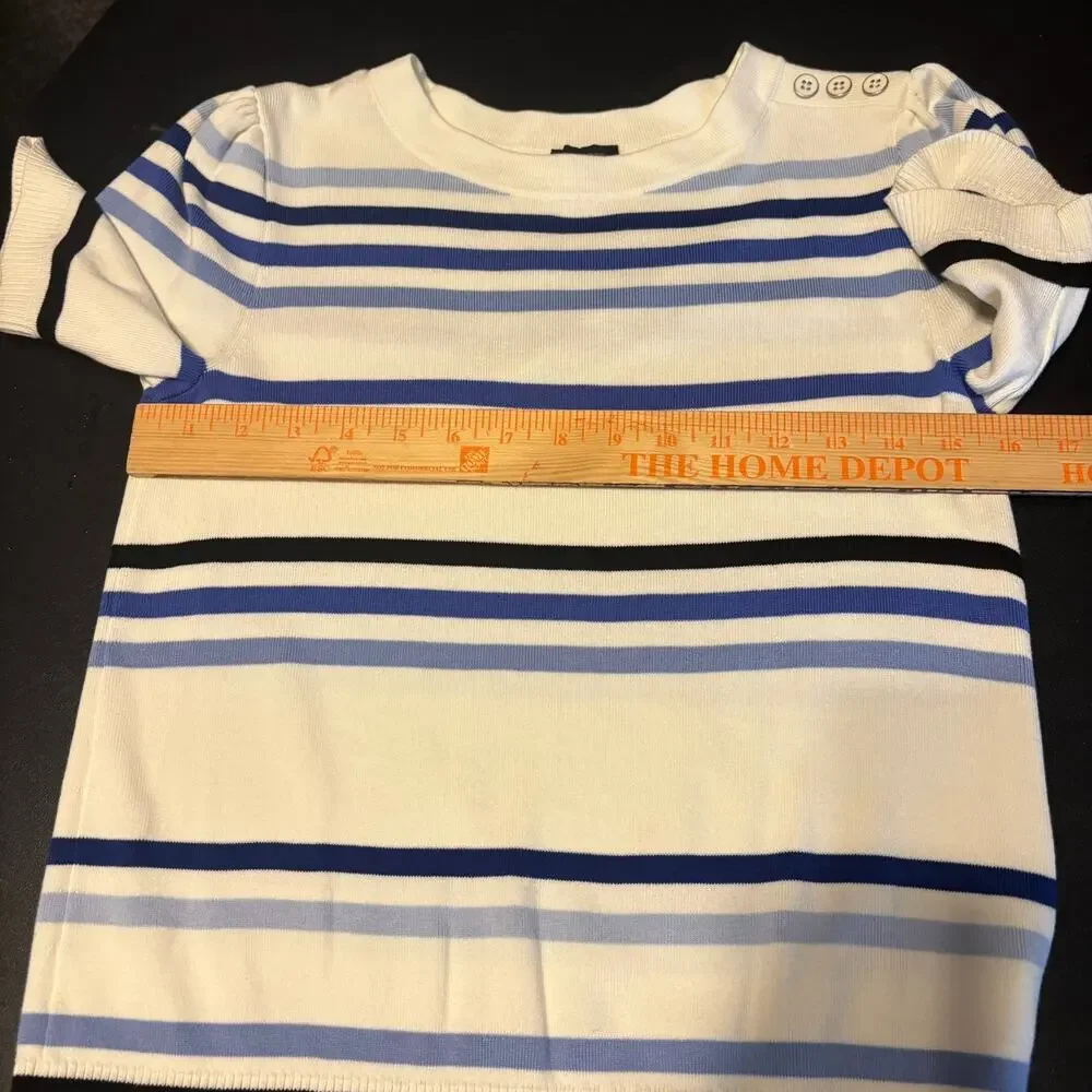 Talbots Womens Small  Pullover Sweater Short Puff Sleeve Blue White Stripe Retro